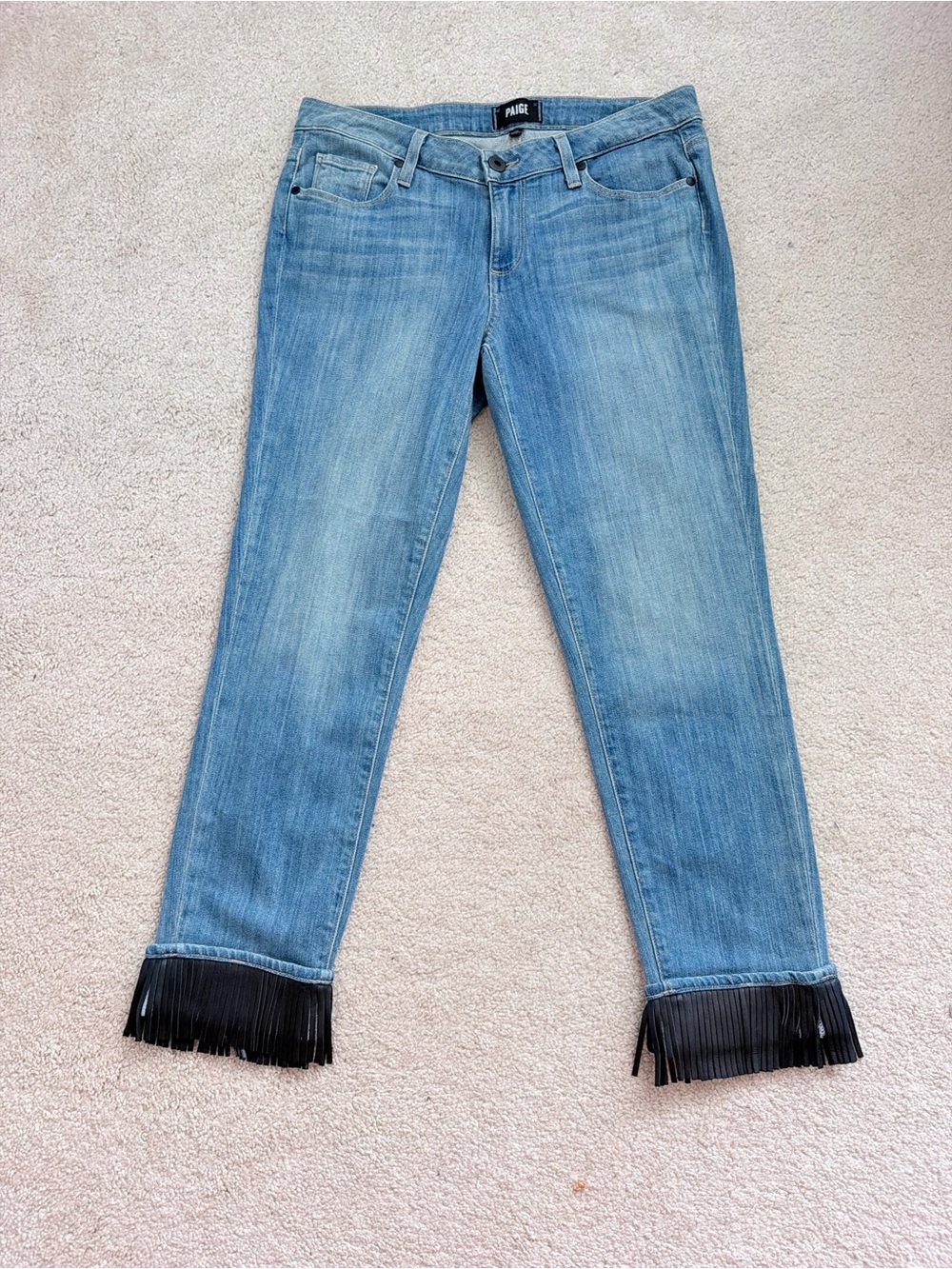 PAIGE Y2K Light Blue Straight Leg Low Rise Jeans with Black Fringe Hem Size 26